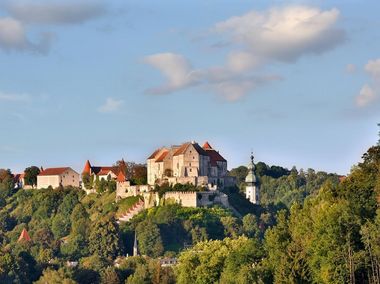 Burg Burghausen frontal mit blauem Himmel