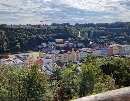 Blick auf die Burghauser Altsdadt von der Burg aus. Dahinter fließt die Salzach.