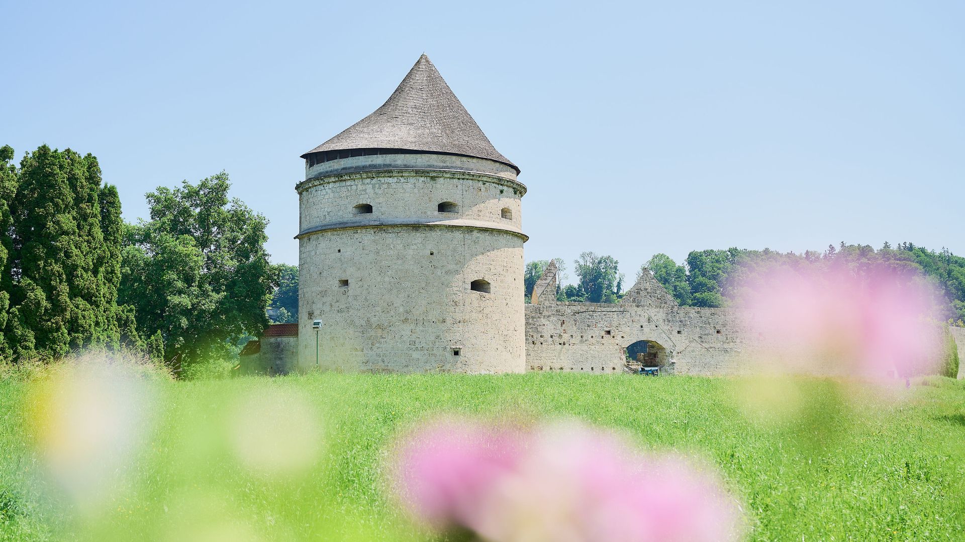 Pulverturm am Bergerhof mit Blüten